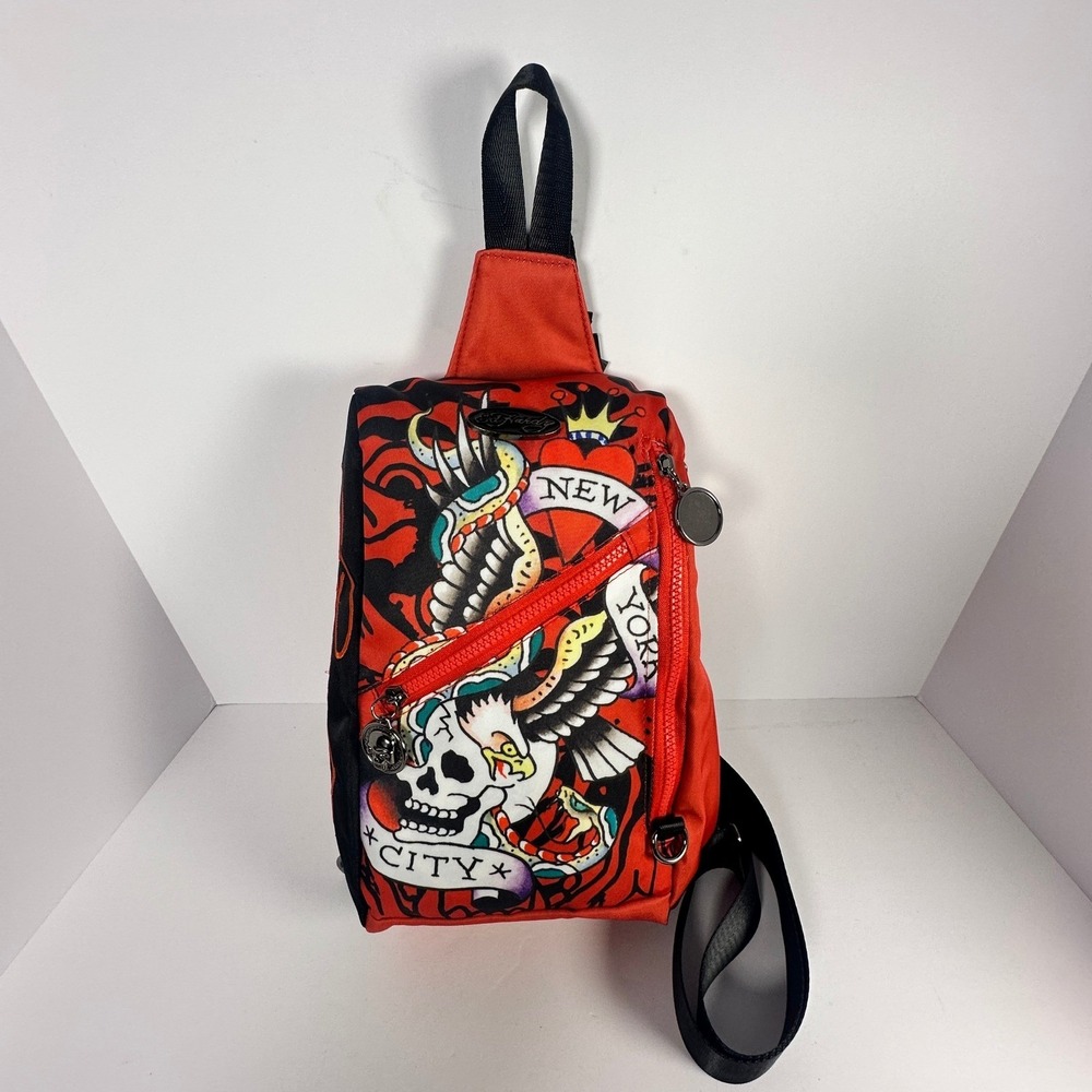 Ed Hardy Sling Backpack Unisex Red Black New York City Skull Eagle Tattoo NWT - Picture 2 of 14